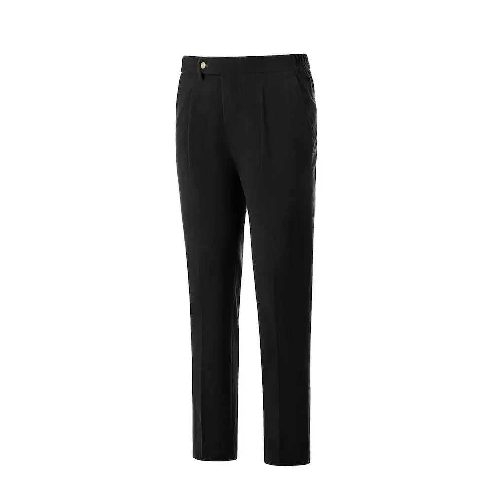 Side view of black corduroy trousers – clean design with rear pockets