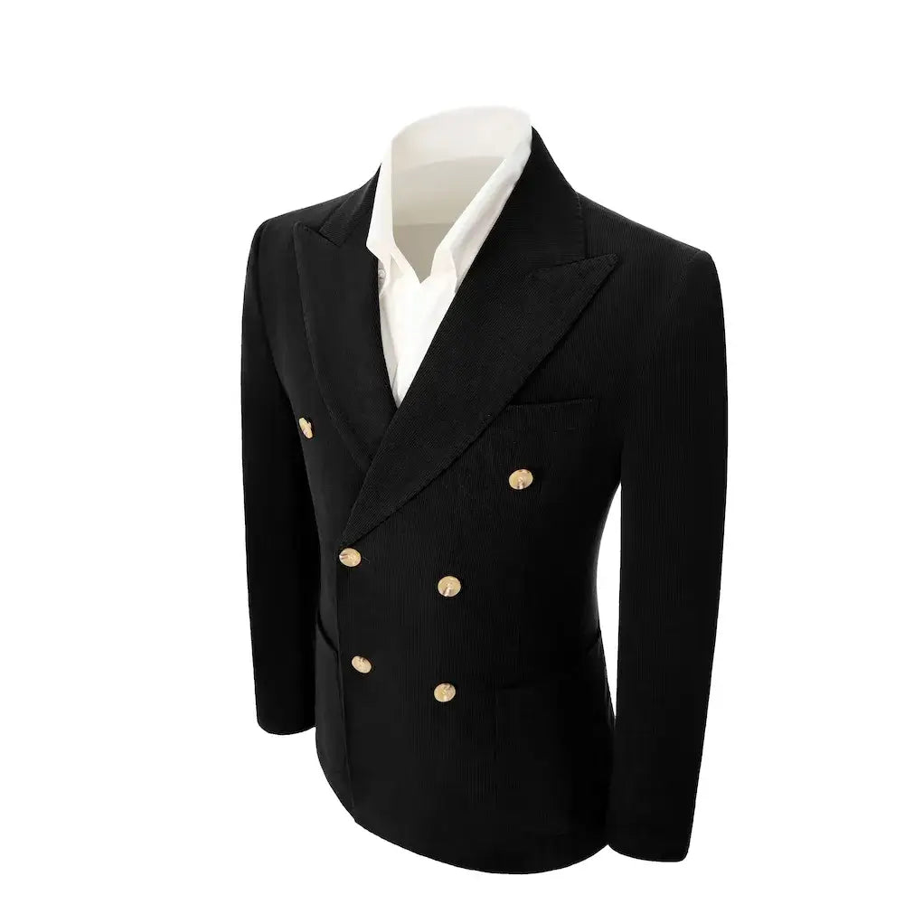 Side view of black corduroy blazer – structured fit and classic tailoring