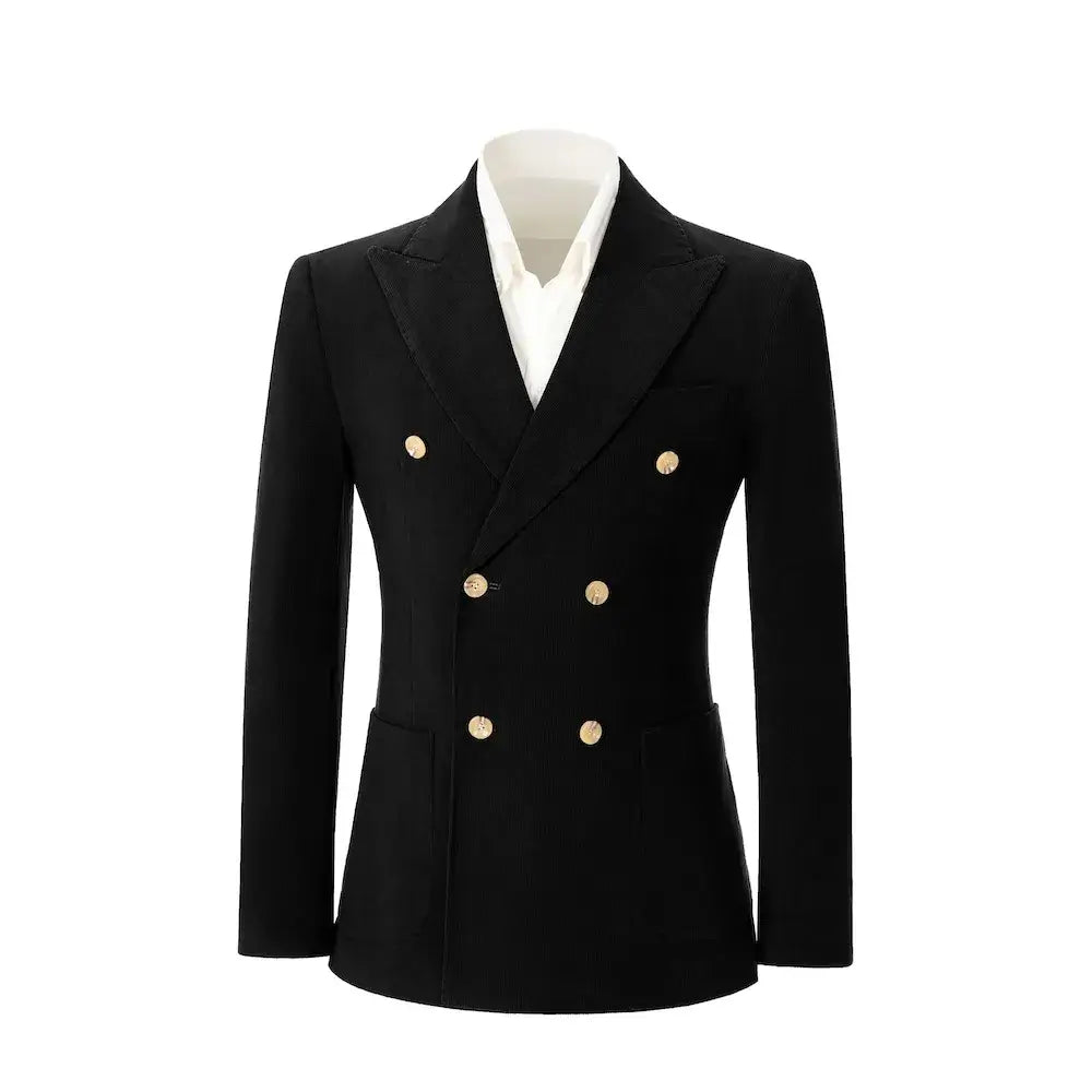Front view of men's black corduroy blazer – double breasted with peak lapel