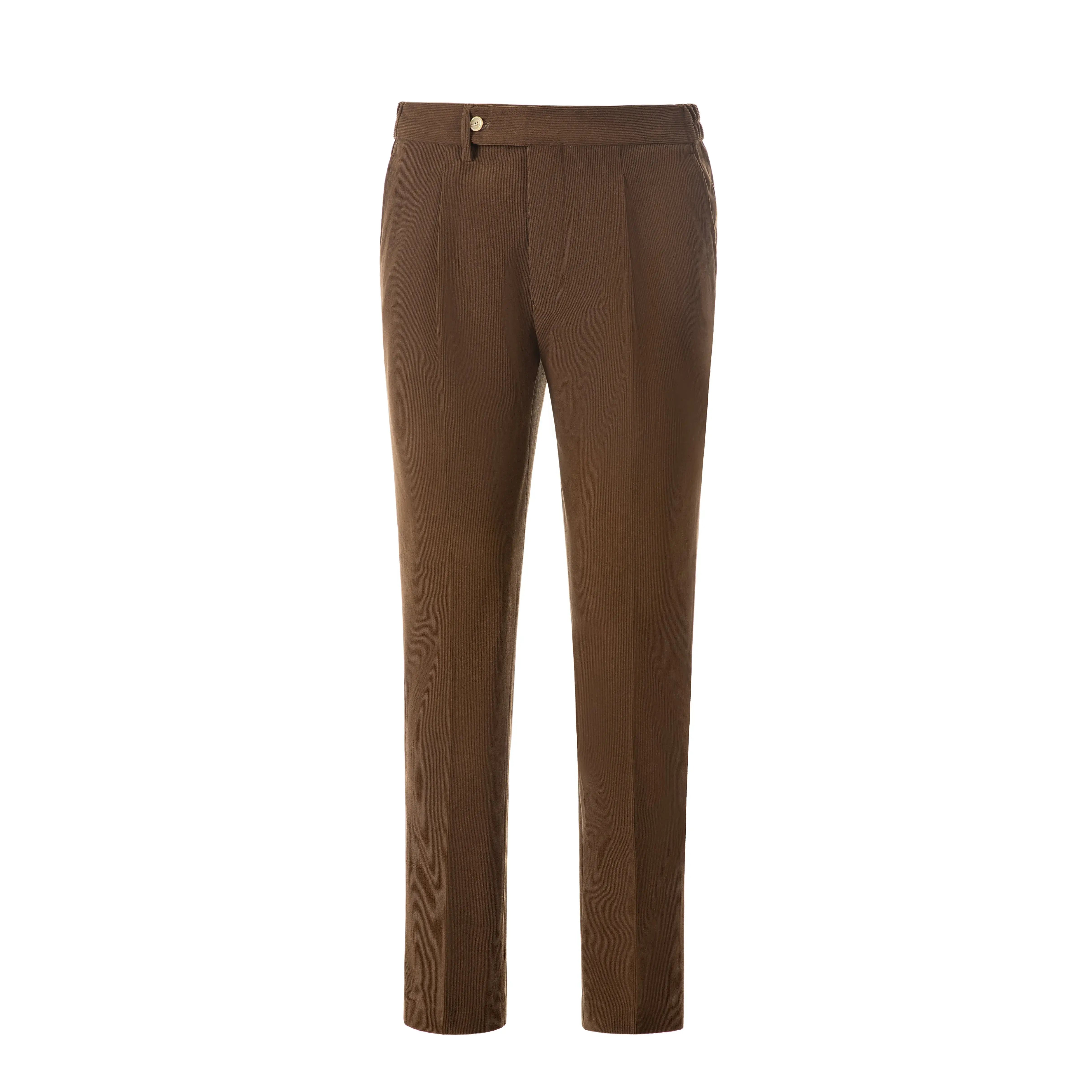 Front view of brown corduroy trousers – slim fit men’s pants with belt loops and pressed crease