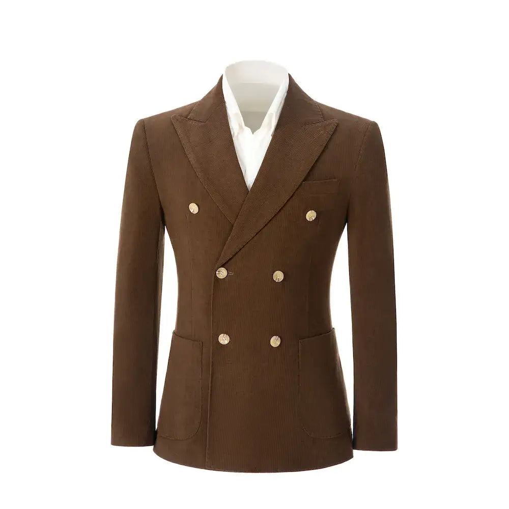 Front view of brown corduroy blazer for men – double breasted jacket with peak lapel and gold button details