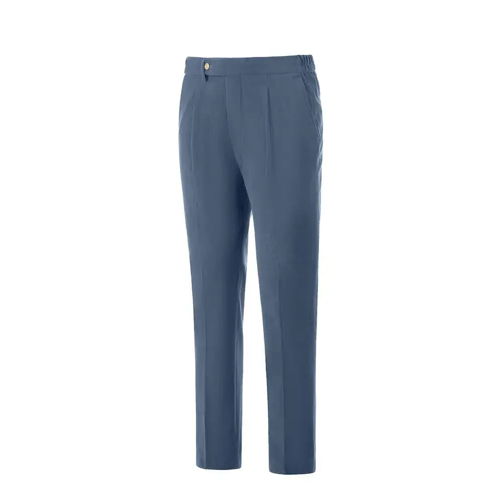 Side view of slate blue corduroy trousers – clean design with rear pockets