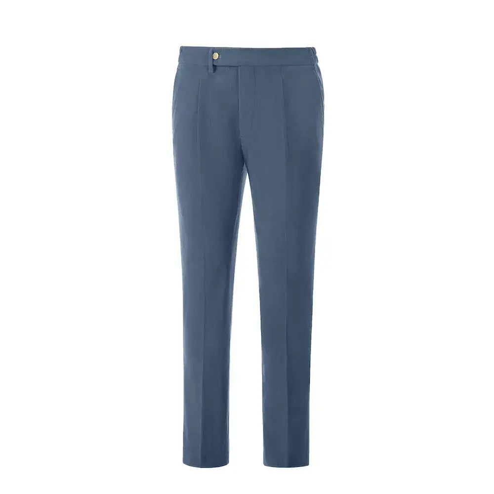 Front view of men's slate blue corduroy pants – slim fit with belt loops