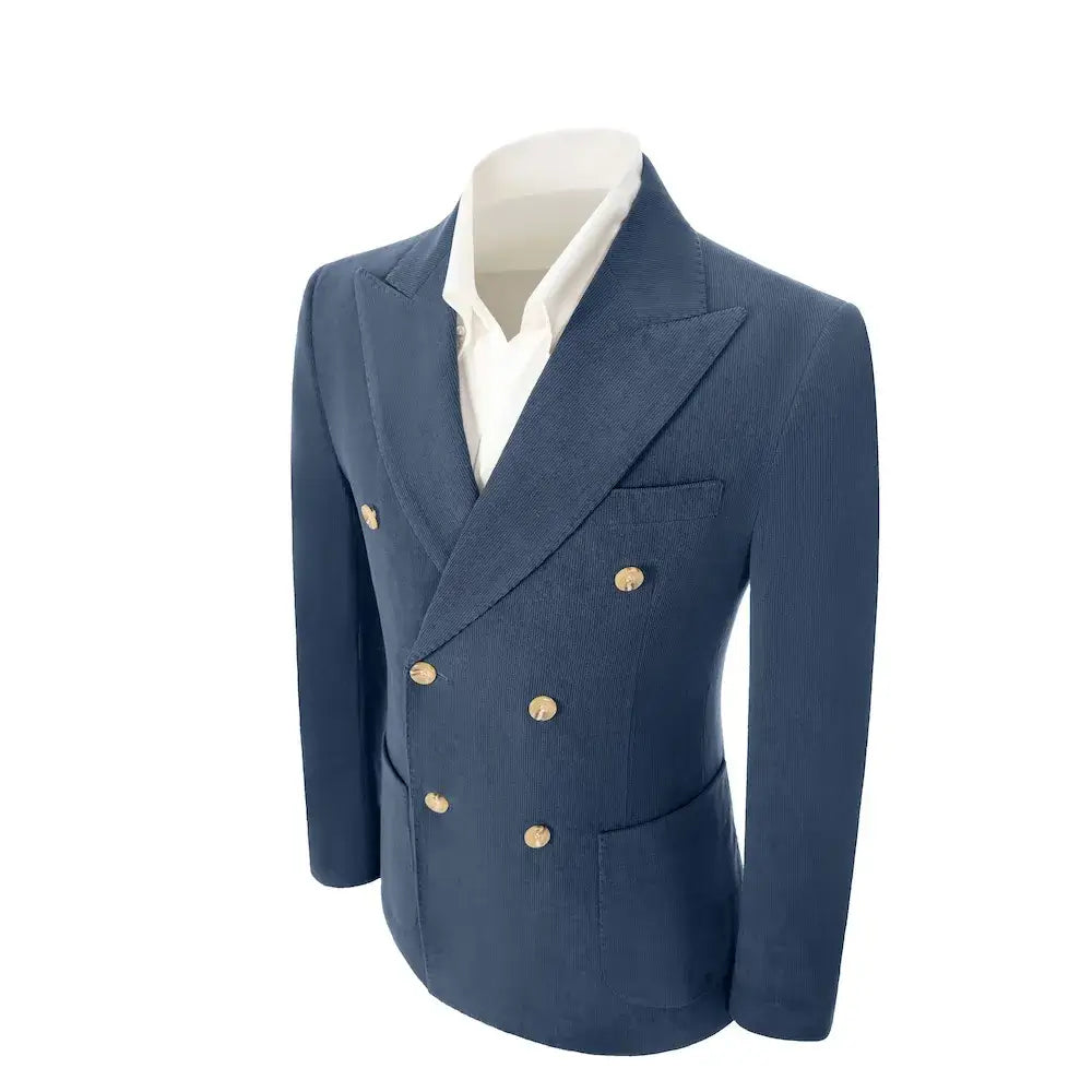 Side view of slate blue corduroy blazer – structured fit and classic tailoring