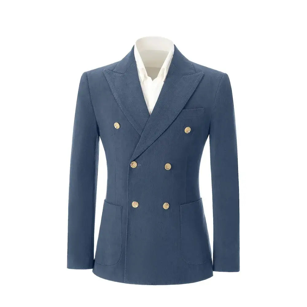 Front view of men's slate blue corduroy blazer – double breasted with peak lapel