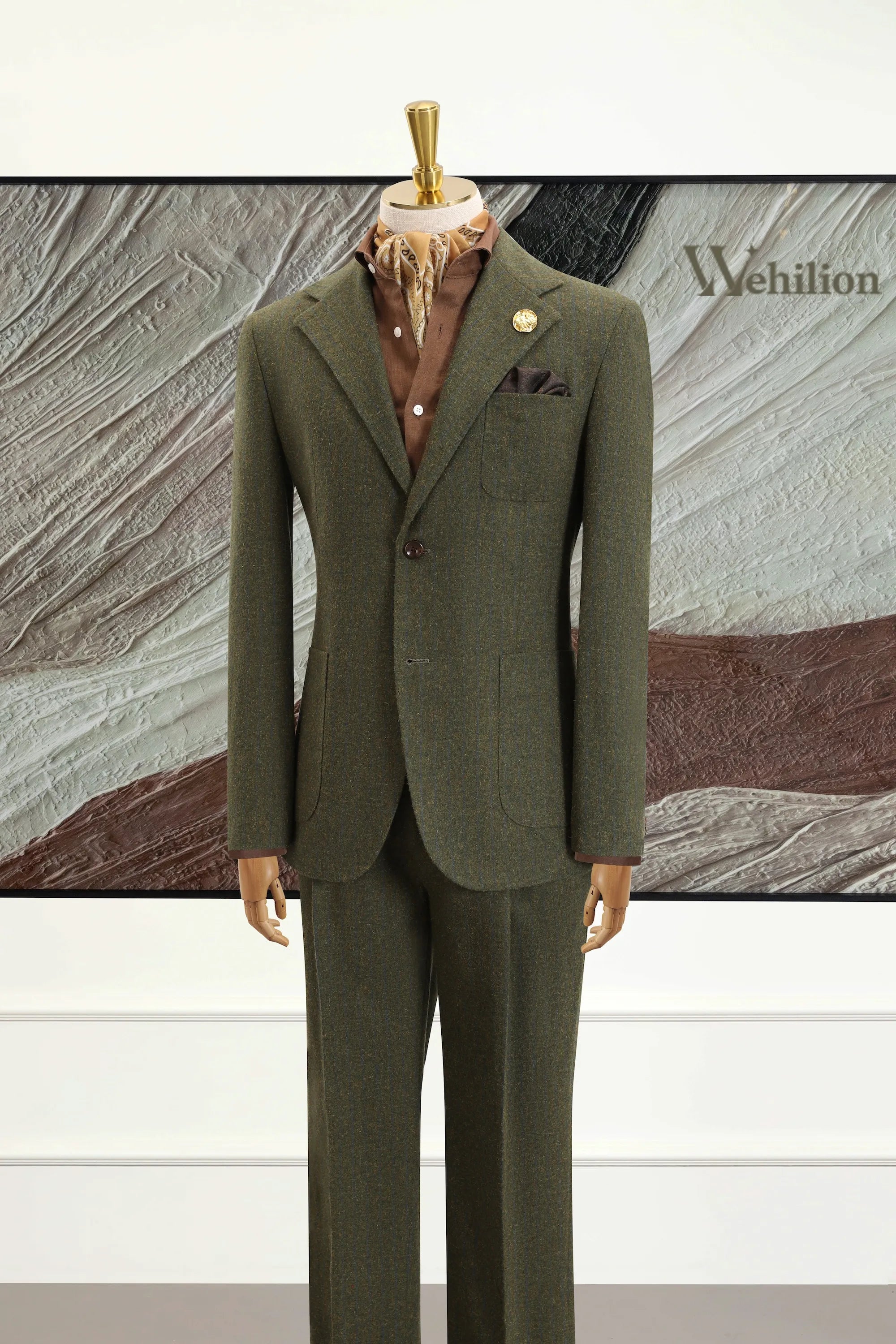 Men's Green Wool Herringbone 2 Piece Suits