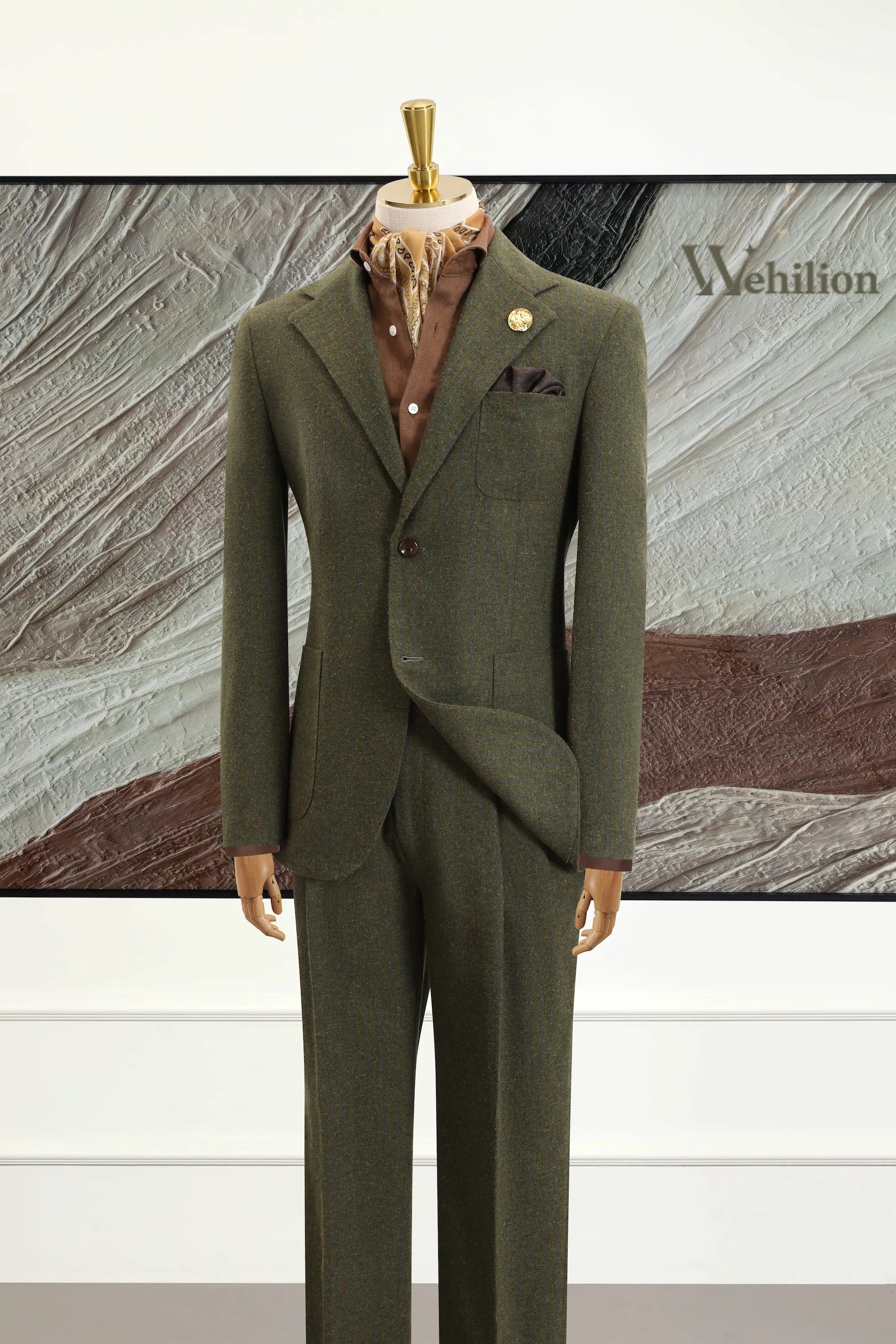Men's Green Wool Herringbone 2 Piece Suits