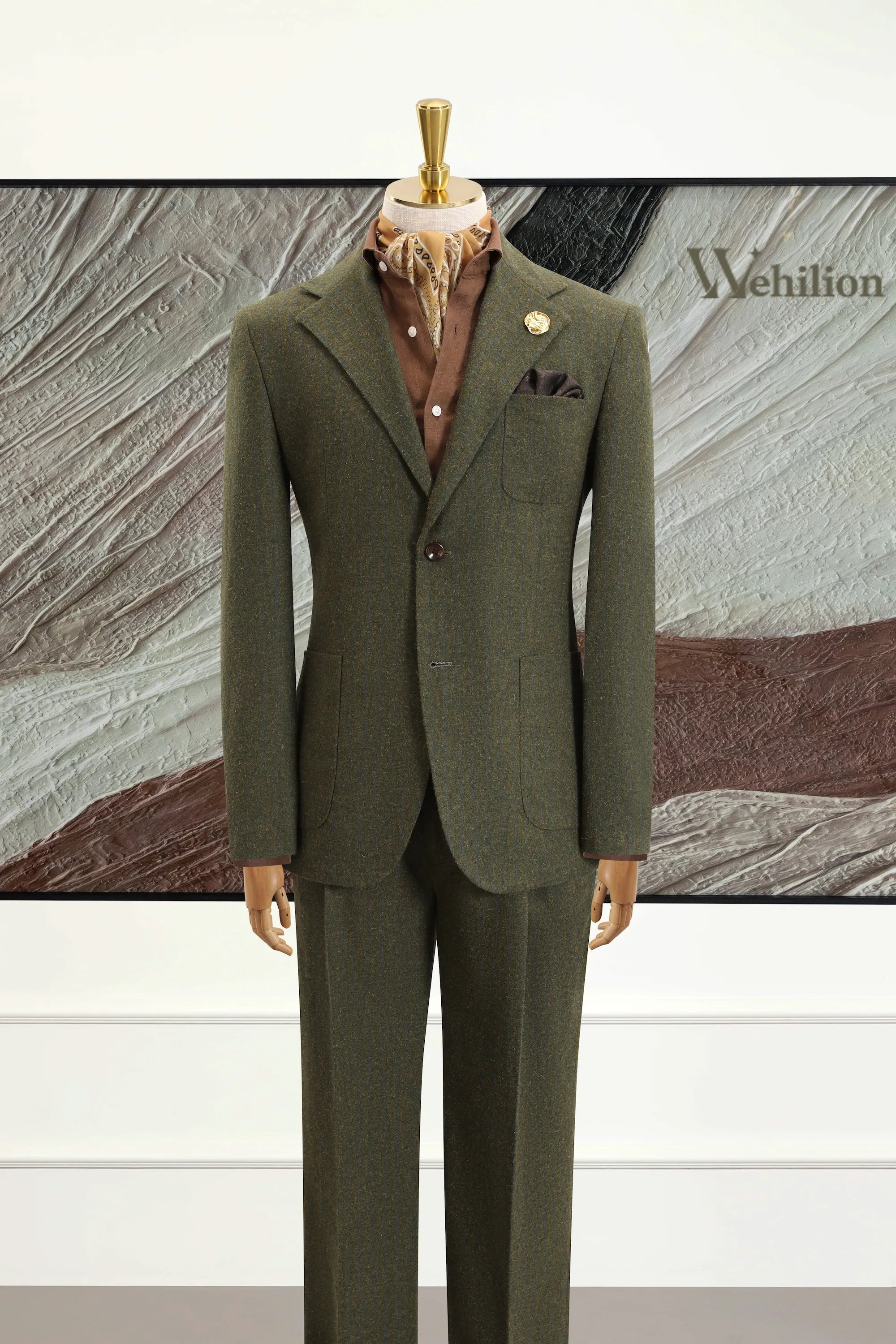 Men's Green Wool Herringbone 2 Piece Suits