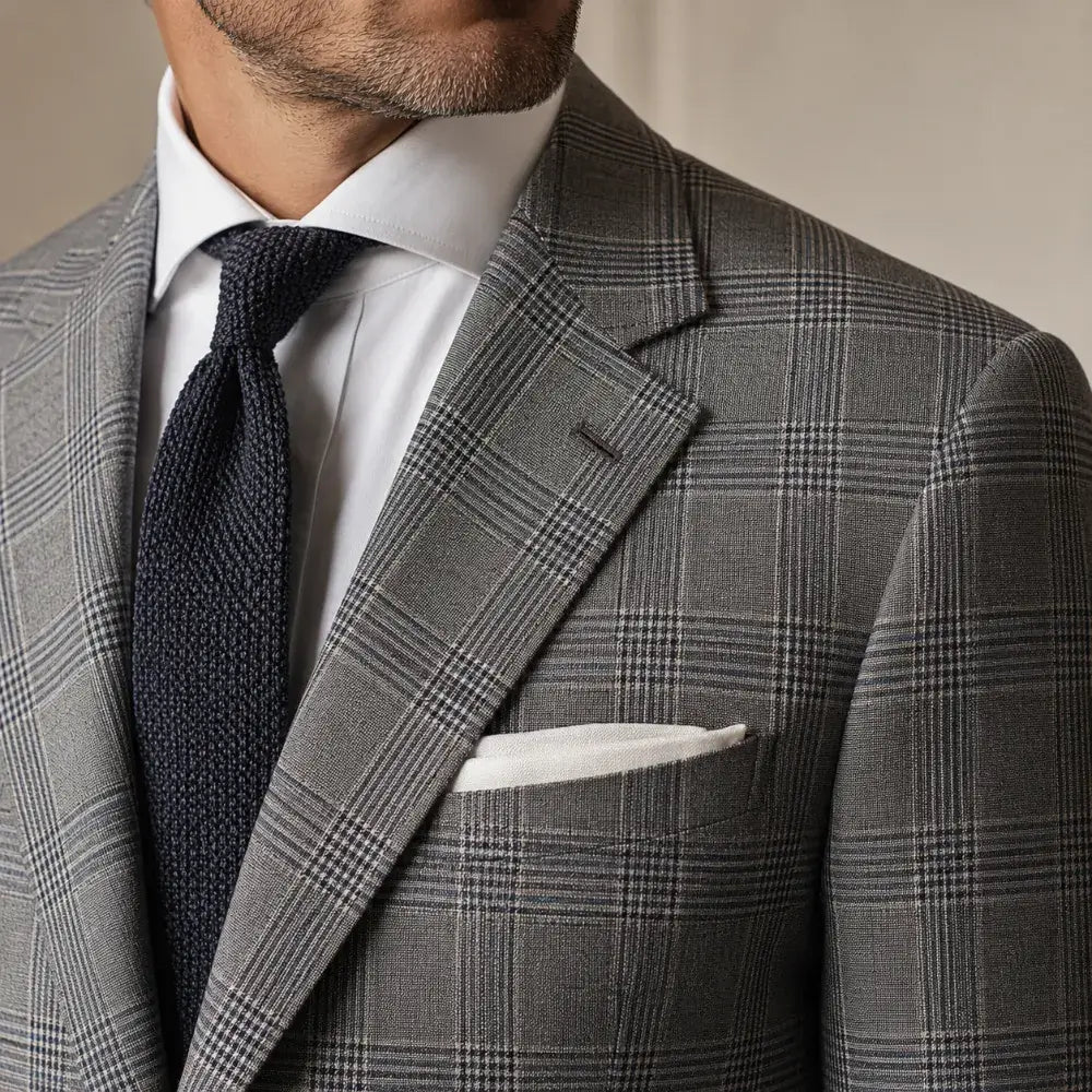Close-up of a men's plaid suit showing intersecting check pattern and tailored details.