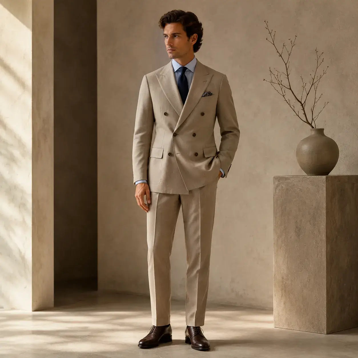 Man wearing a tailored double breasted suit with overlapping front panels and two rows of buttons in a minimalist editorial studio setting.