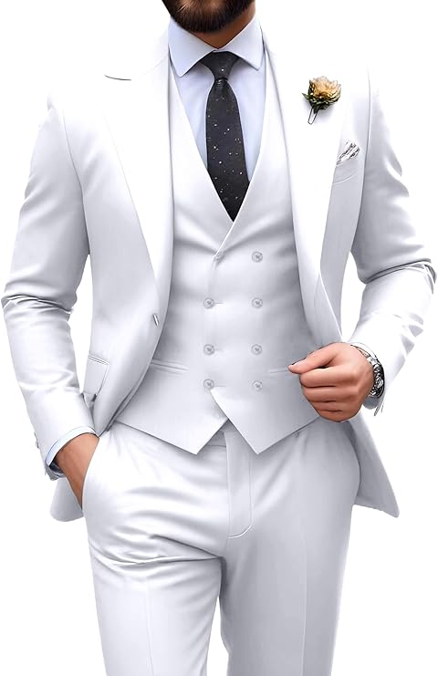 white slim fit 3 piece groom suit with peak lapel blazer, double breasted vest and pants for modern wedding style