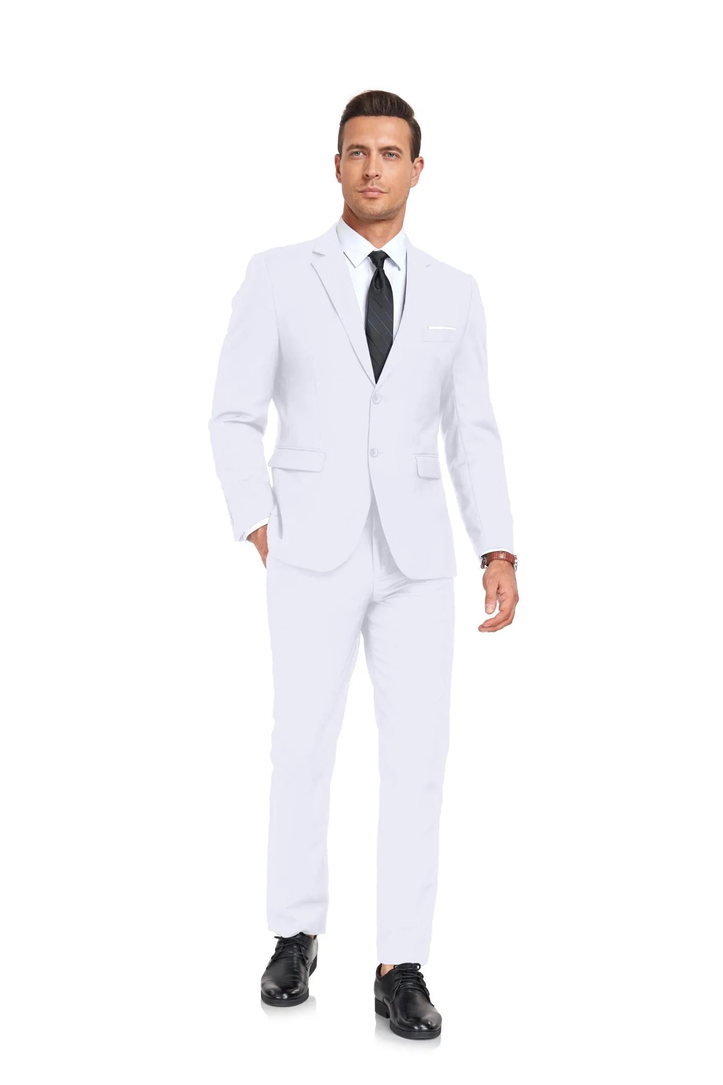 elegant white two button 2 piece men's suit set, fashion-forward blazer and pants combination