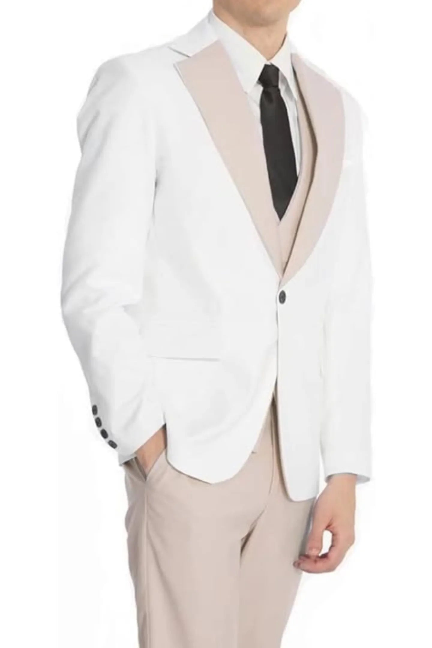 casual formal wedding prom suit: white & beige contrast 3-piece set, beige trousers, black tie, minimalistic business outfit