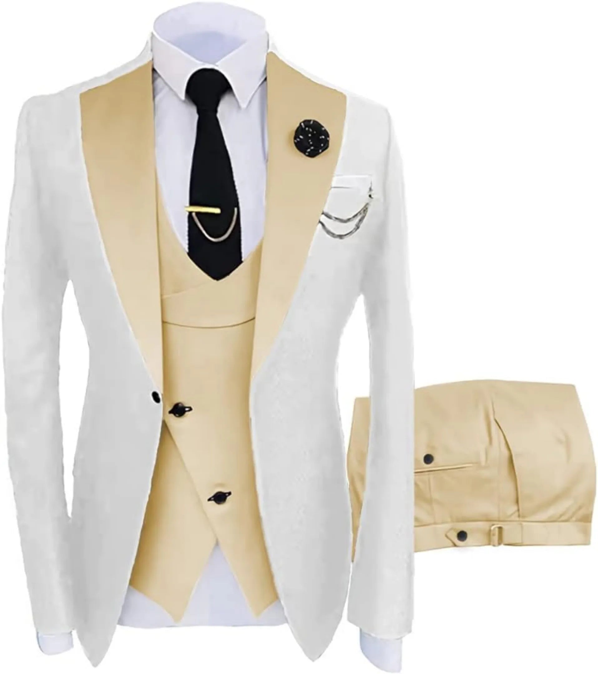white and champagne 3 piece men's suit: white blazer with champagne satin V-lapel, cross gold vest, silver chain, lapel pin and white pocket square