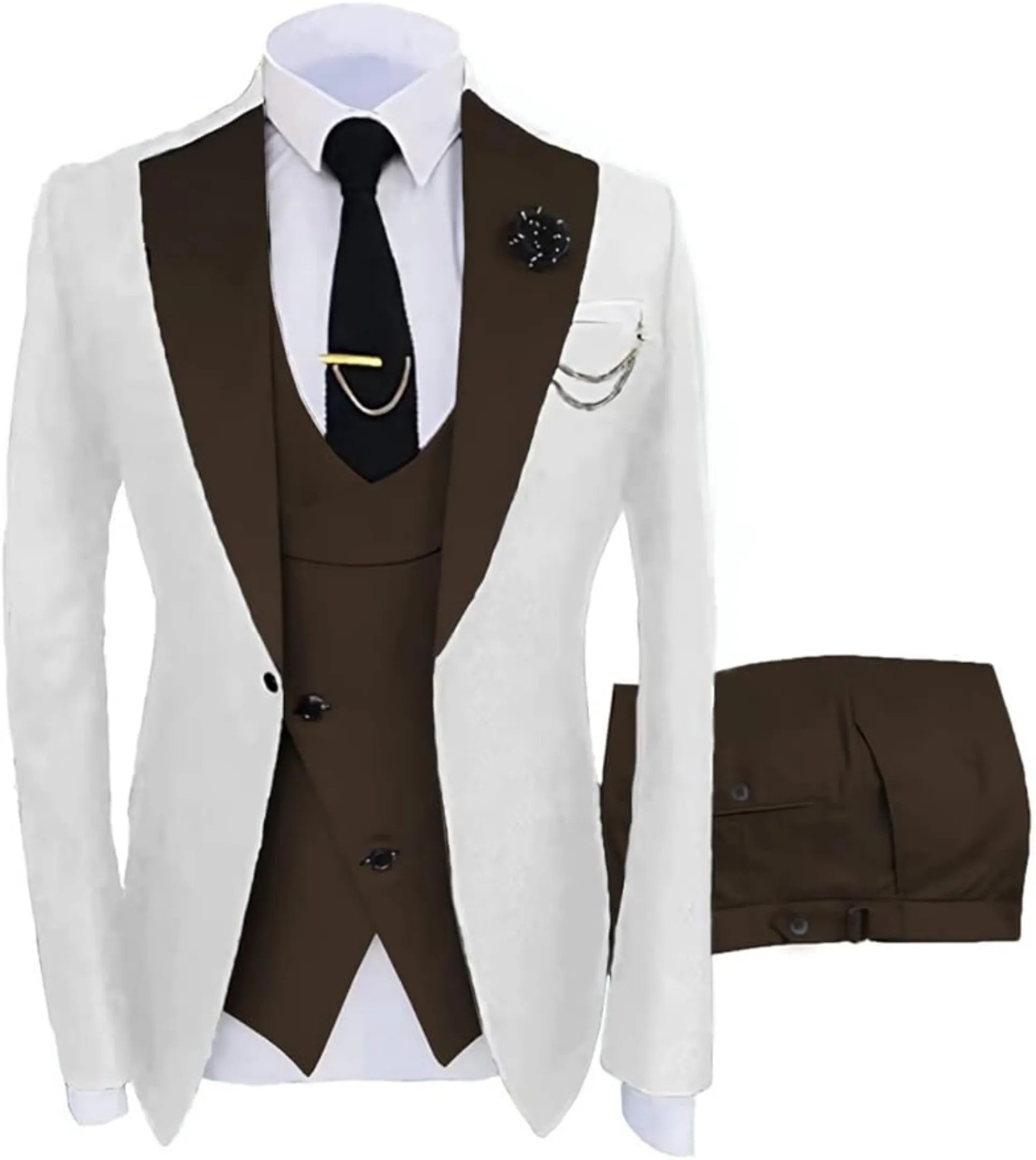 white and dark brown 3 piece men's suit: white blazer with dark brown satin V-lapel, cross brown vest, silver chain, lapel pin and white pocket square