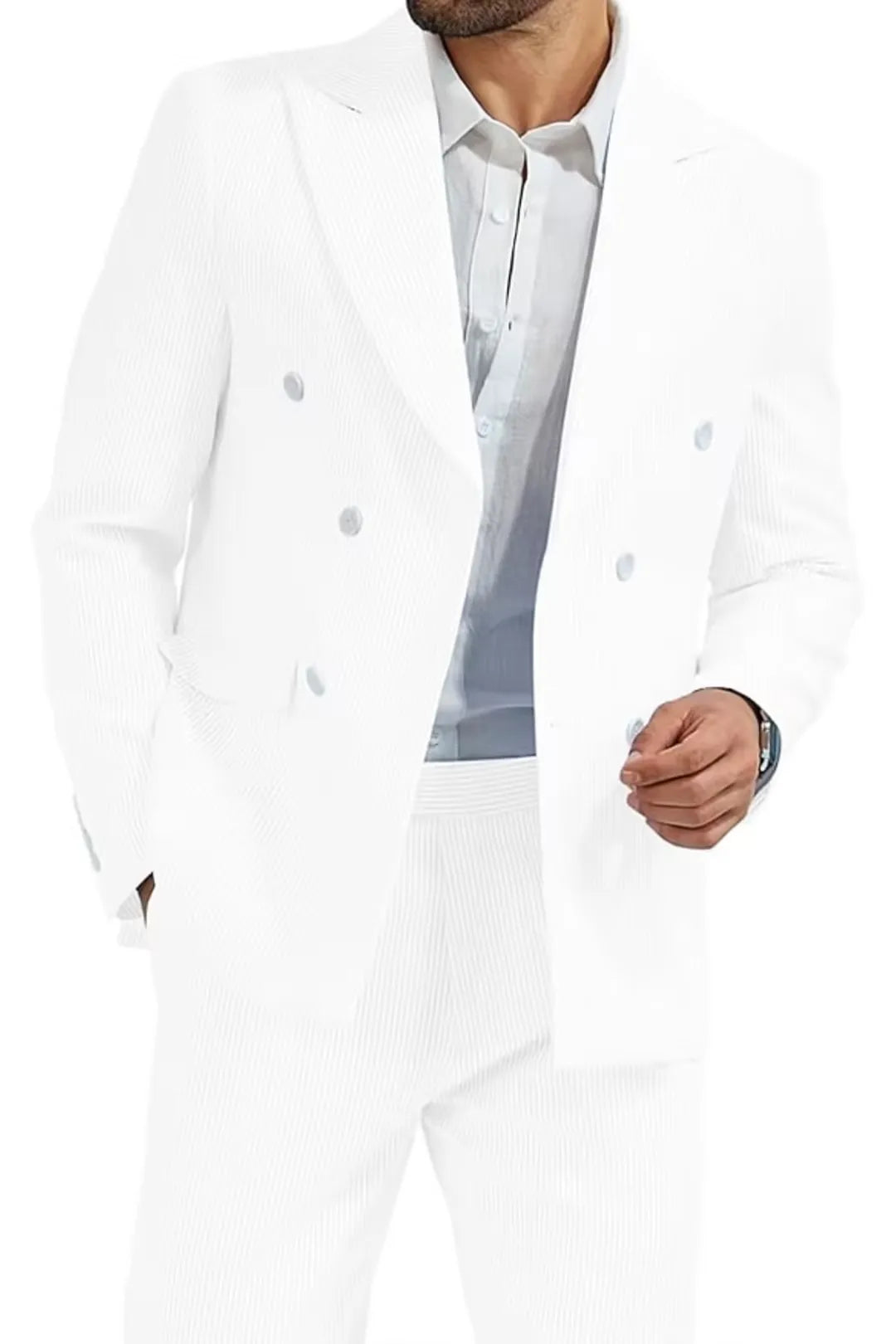 close-up view of men's white double-breasted seersucker blazer with striped texture and white buttons.