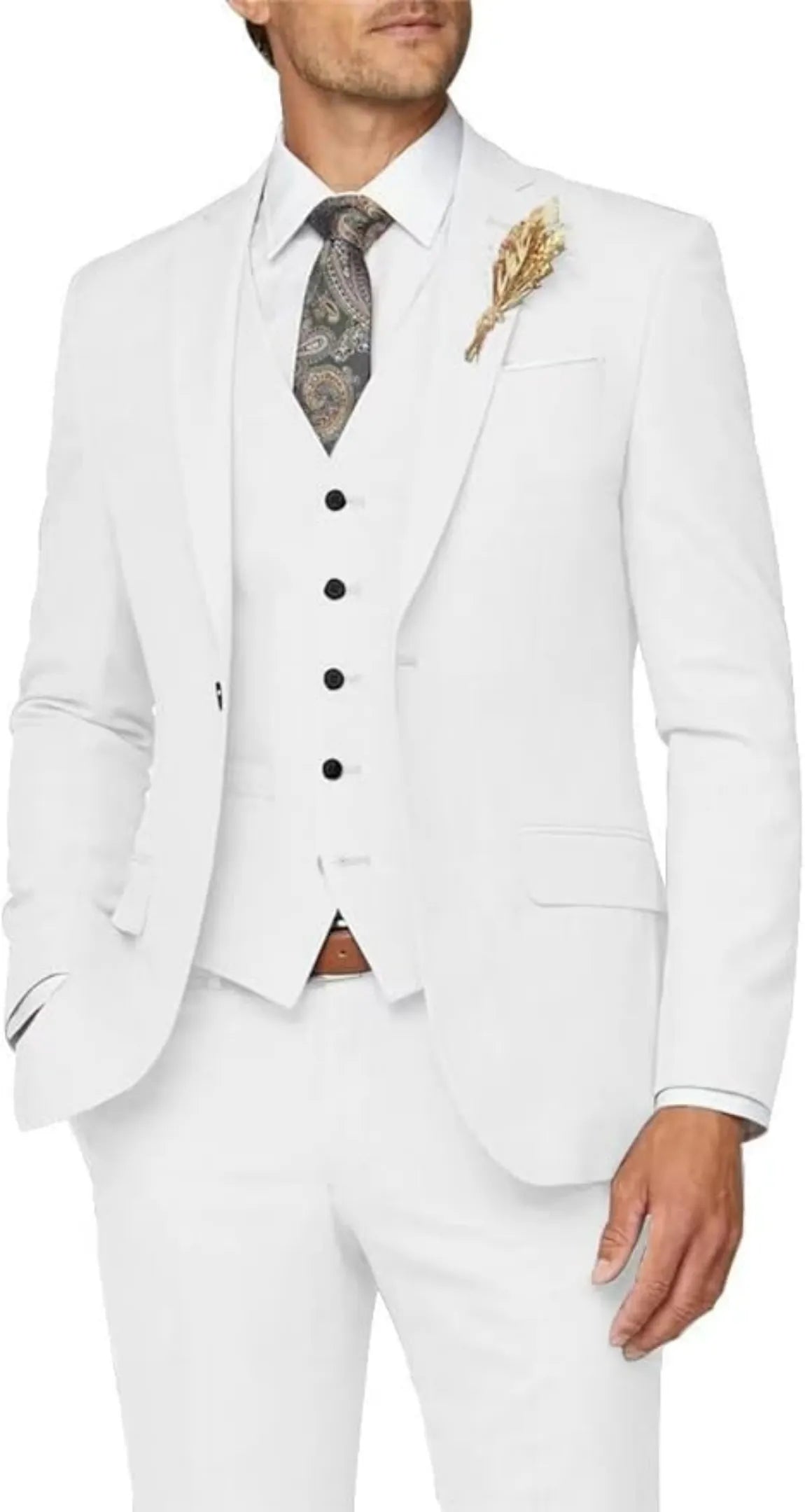 white 3 piece suit for men: formal wedding prom outfit with slim blazer, vest, trousers & lapel flower
