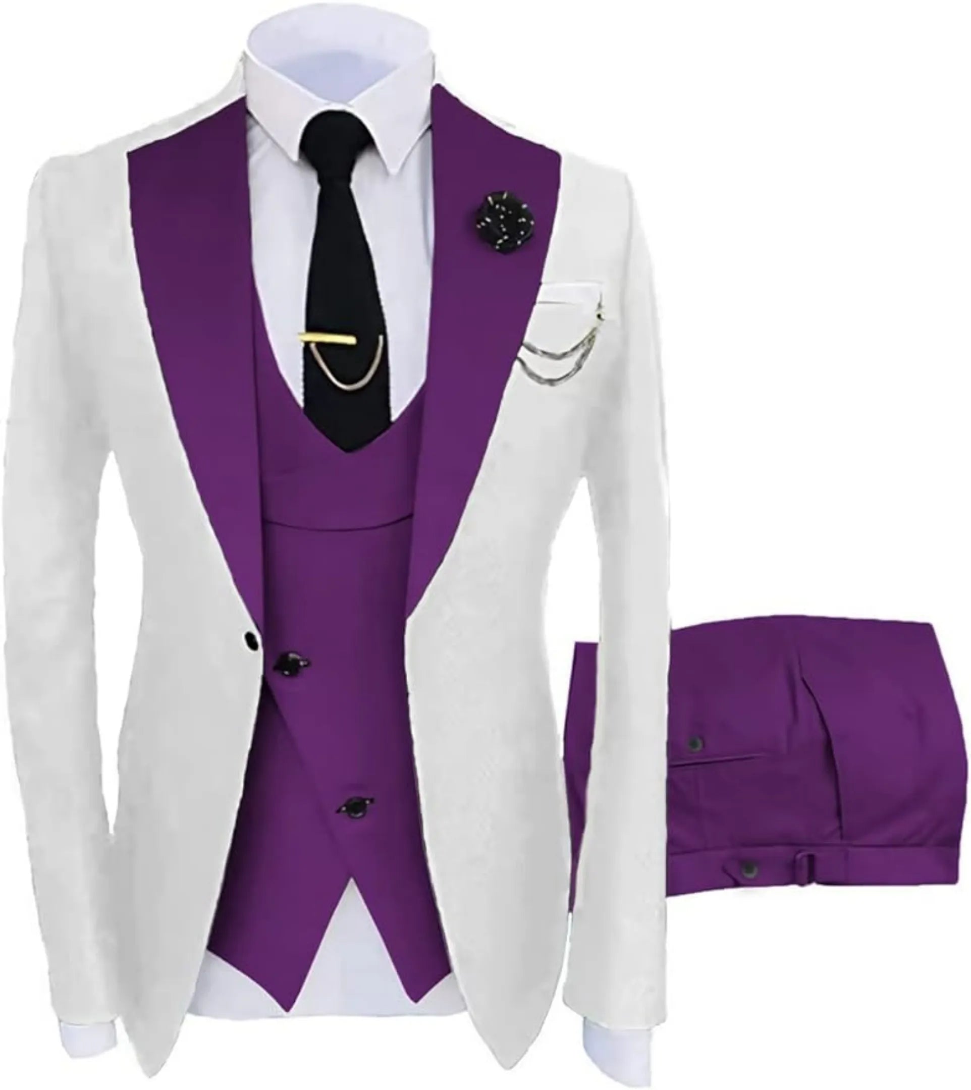 white and purple 3 piece men's suit: white blazer with purple satin V-lapel, cross purple vest, silver chain, lapel pin and white pocket square
