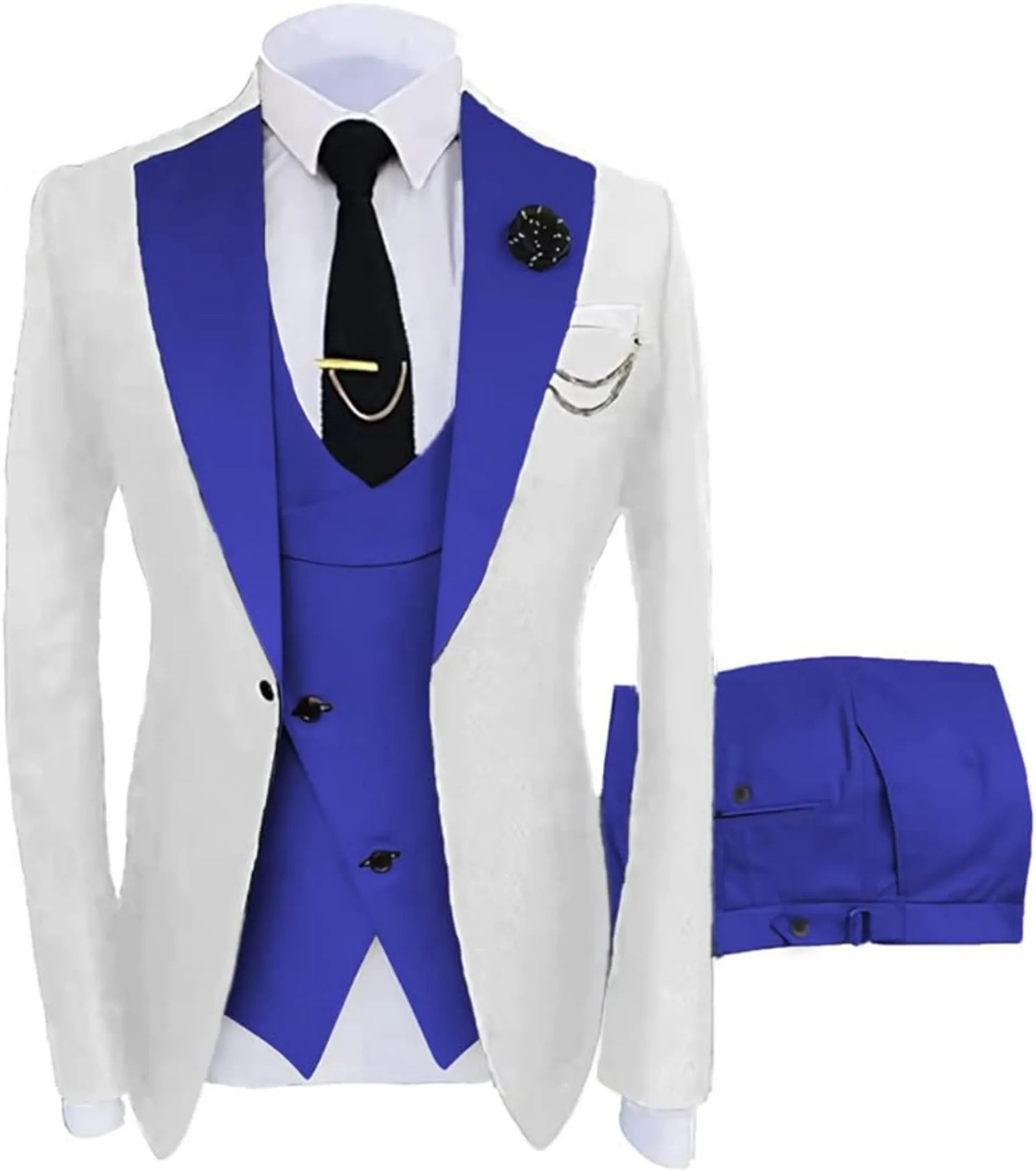 white and royal blue 3 piece men's suit: white blazer with royal blue satin V-lapel, cross blue vest, silver chain, lapel pin and white pocket square