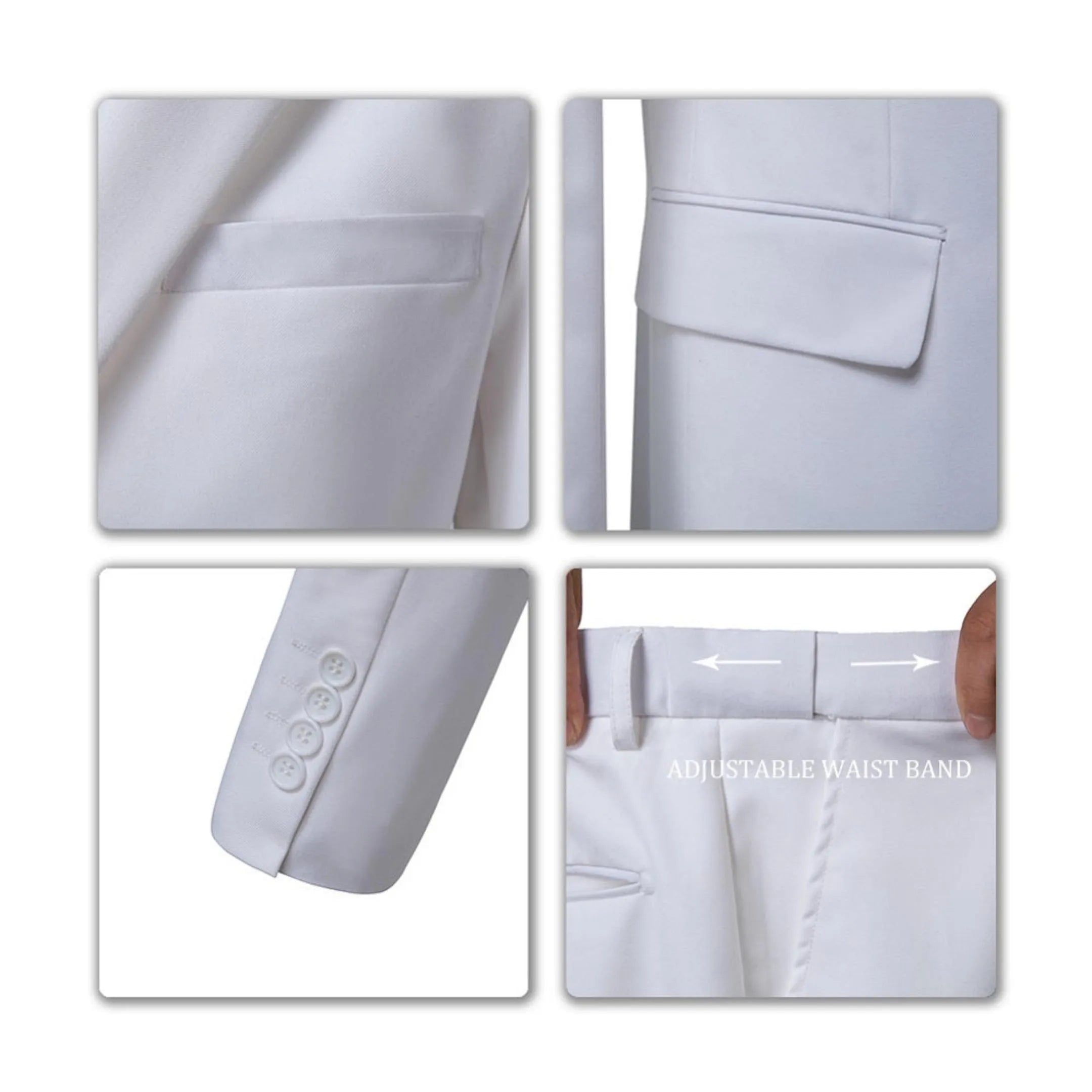 close-up of the adjustable waistband and suit details of a white slim fit two-button suit.