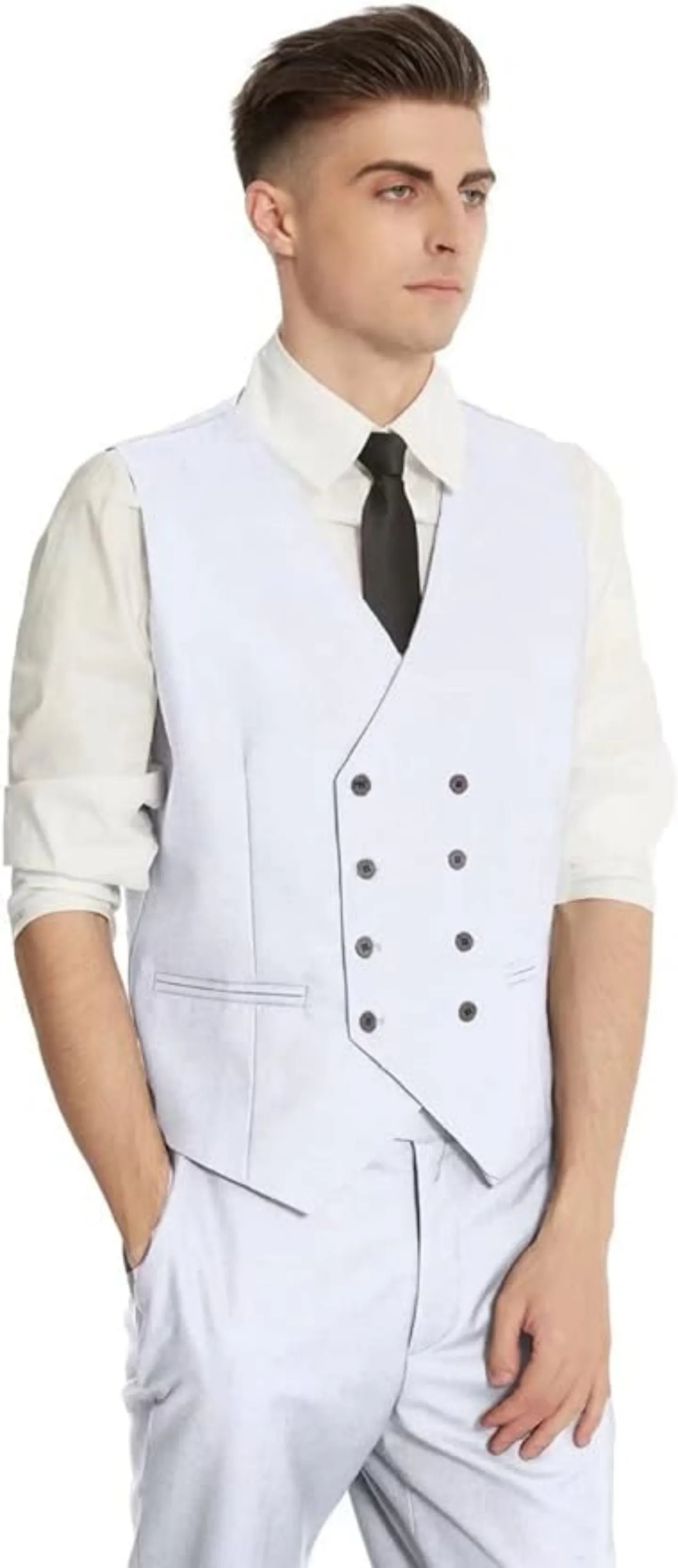 model in white men's vest and trousers – sleeveless double-breasted waistcoat with black tie, part of 3-piece suit set