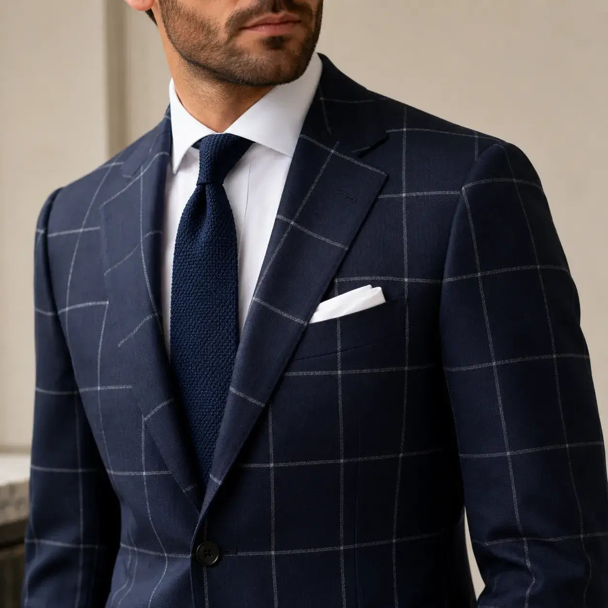 Close-up of a men's navy windowpane suit showing large square check pattern.