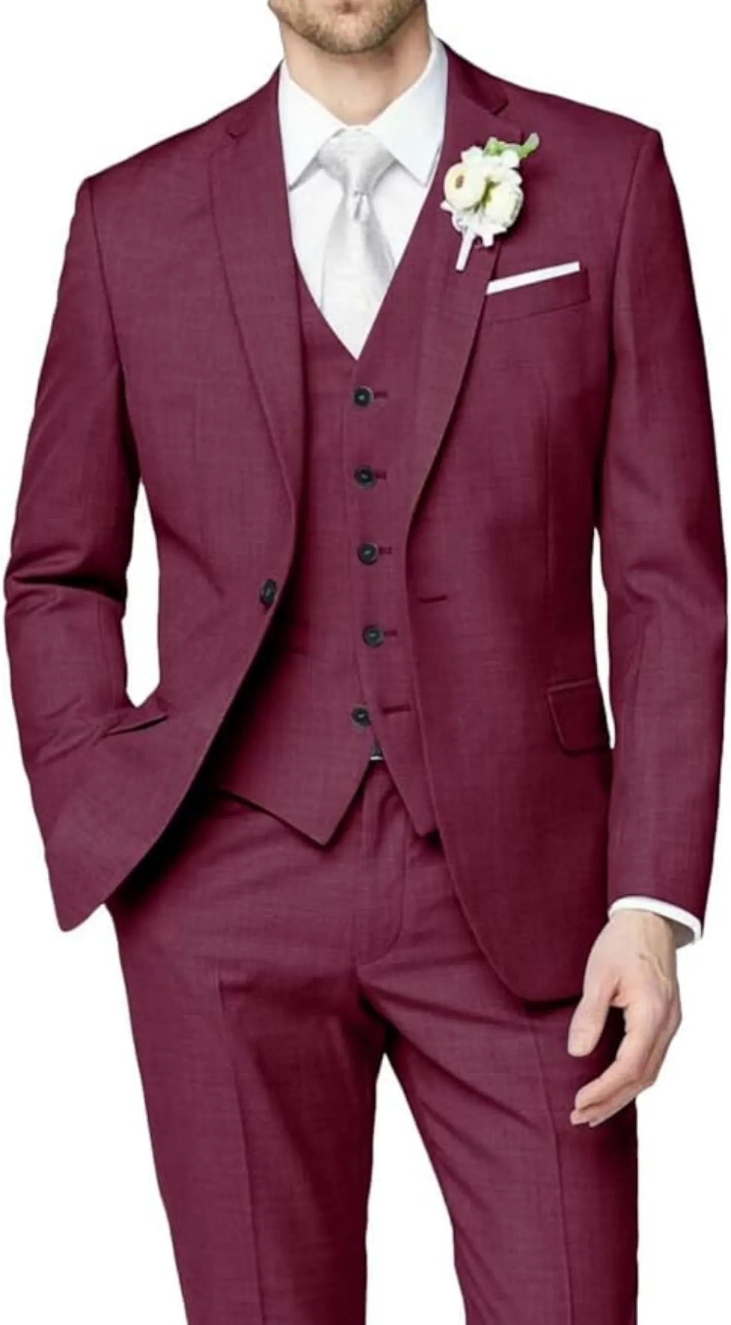 front view of wine red wedding groomsmen 3 piece men's suit with tailored blazer, buttoned vest, slim trousers, white shirt, and silver tie with boutonniere
