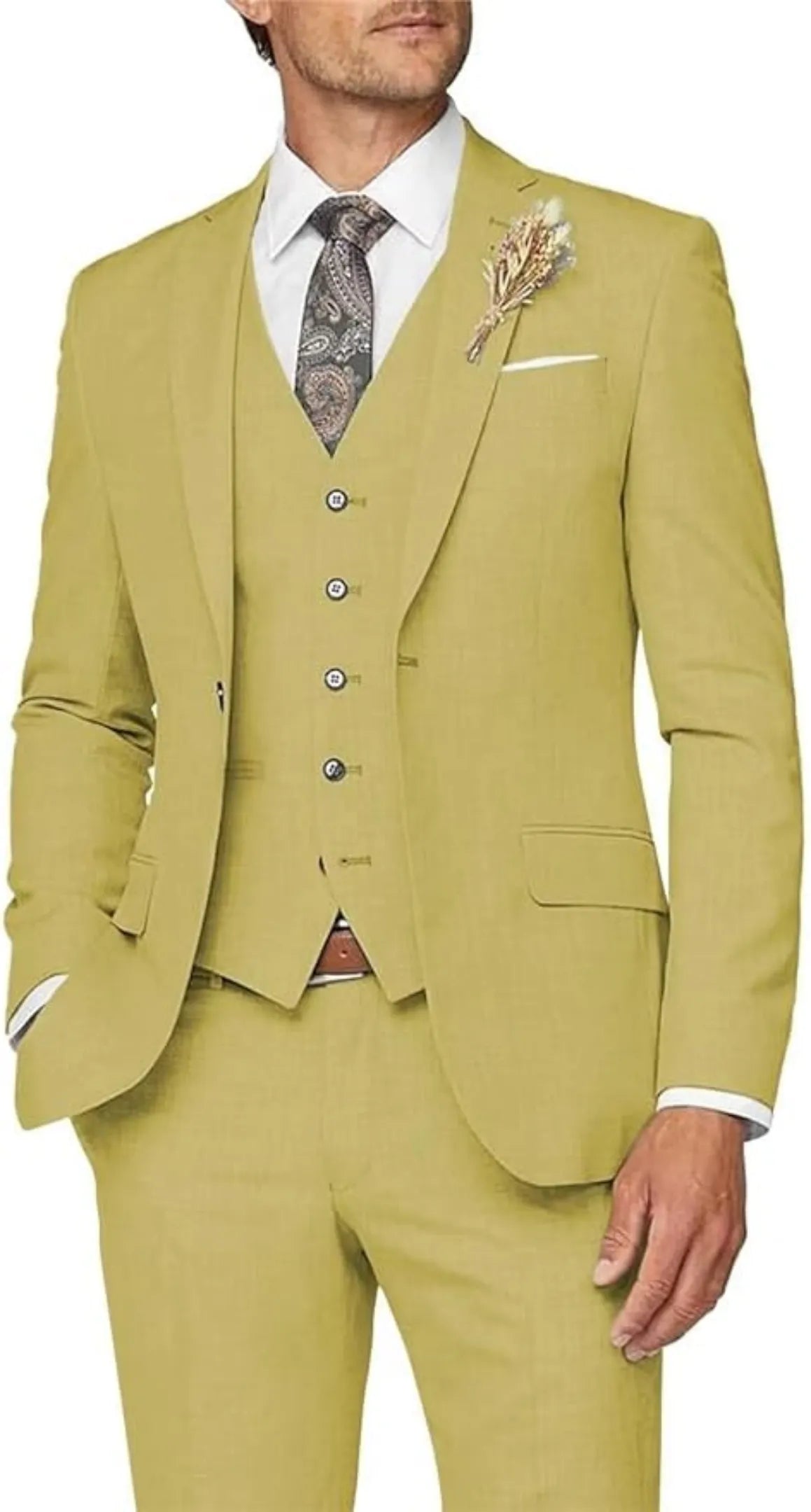 yellow 3 piece suit for men: formal wedding prom outfit with slim blazer, vest, trousers & lapel flower