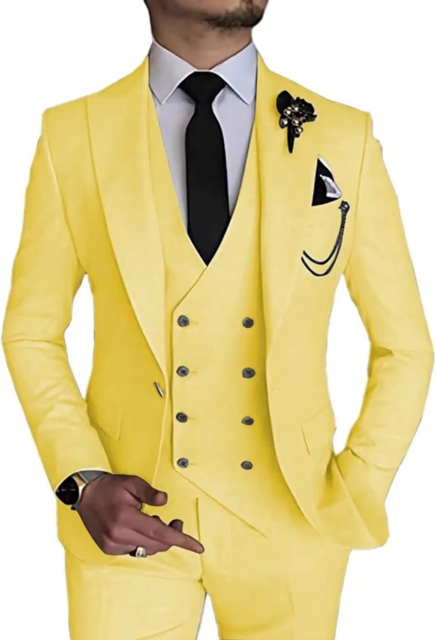 front view of men's yellow double-breasted one-button 3 piece suit with slim blazer, vest and trousers for wedding or prom