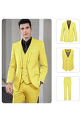 Load image into Gallery viewer, men's yellow slim fit double-breasted 3 piece suit displayed with blazer, vest and pants – modern wedding fashion
