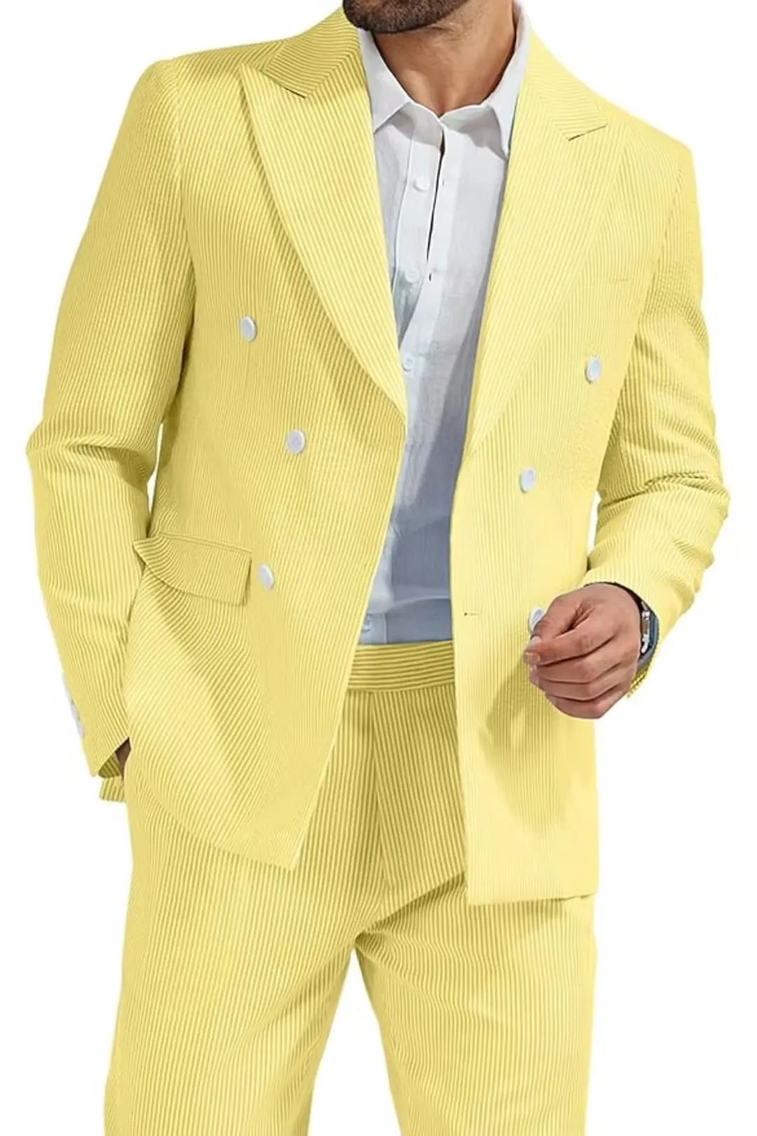 close-up view of men's yellow double-breasted seersucker blazer with white buttons and fine striped texture.