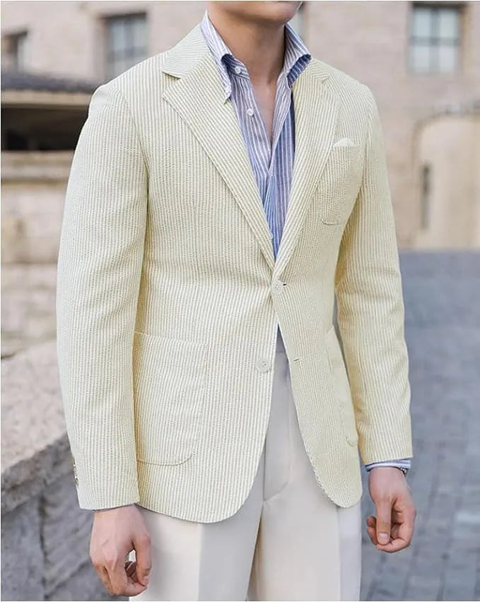 Yellow seersucker blazer styled with dress shirt – ideal for warm weather menswear
