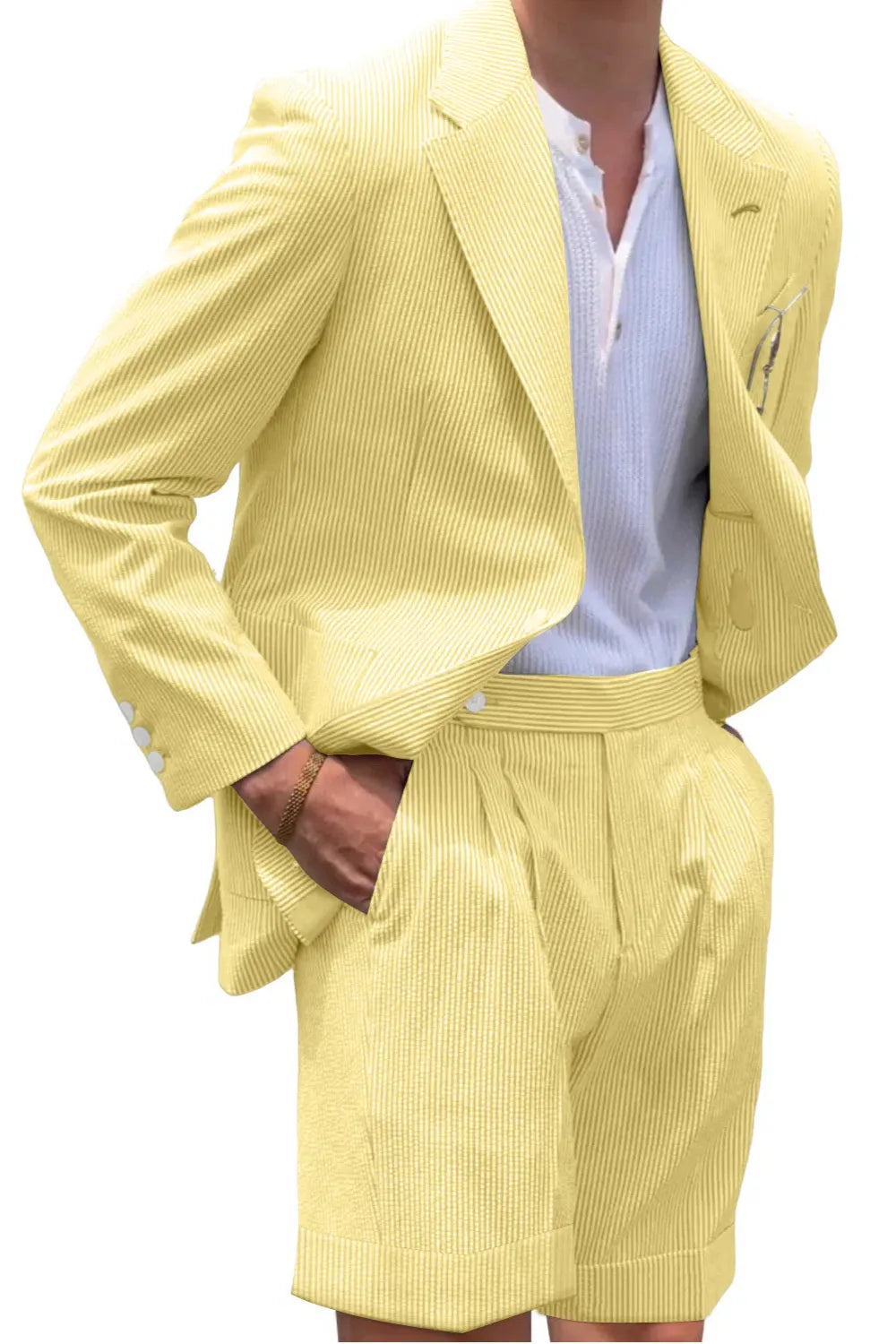 Men's yellow seersucker blazer and shorts set – lightweight striped summer 2 piece suit