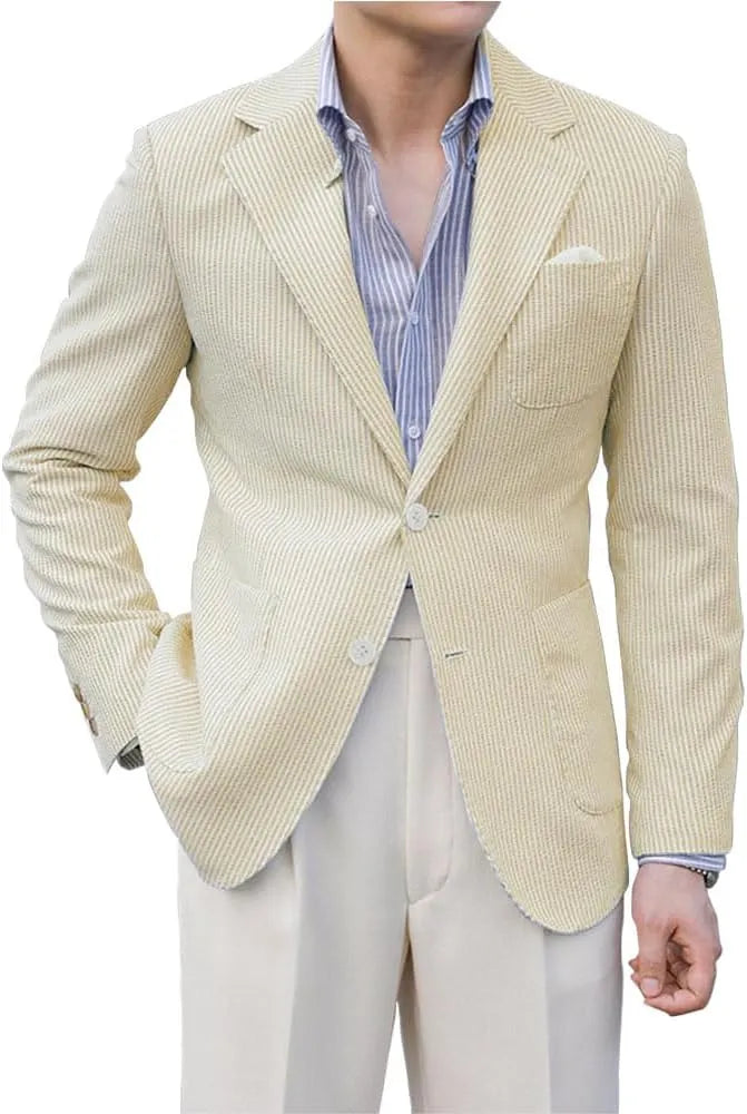 Yellow striped seersucker jacket for men – casual summer blazer lightweight front view
