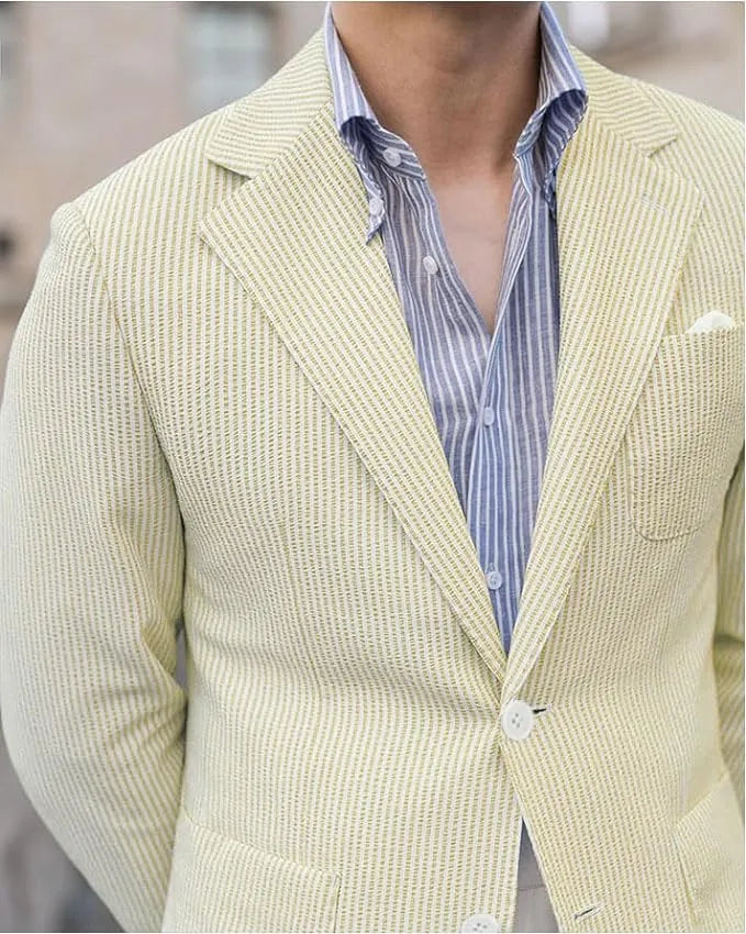 Men's yellow summer jacket in seersucker – lightweight stripe texture and classic cut