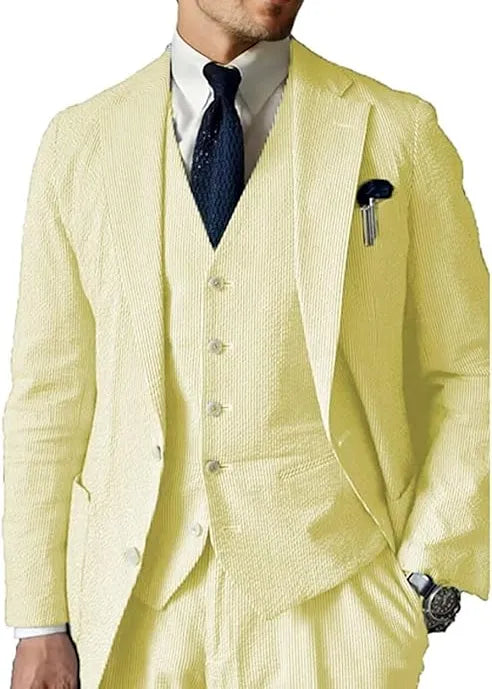 Yellow seersucker wedding suit for men – 3 piece summer blazer vest set