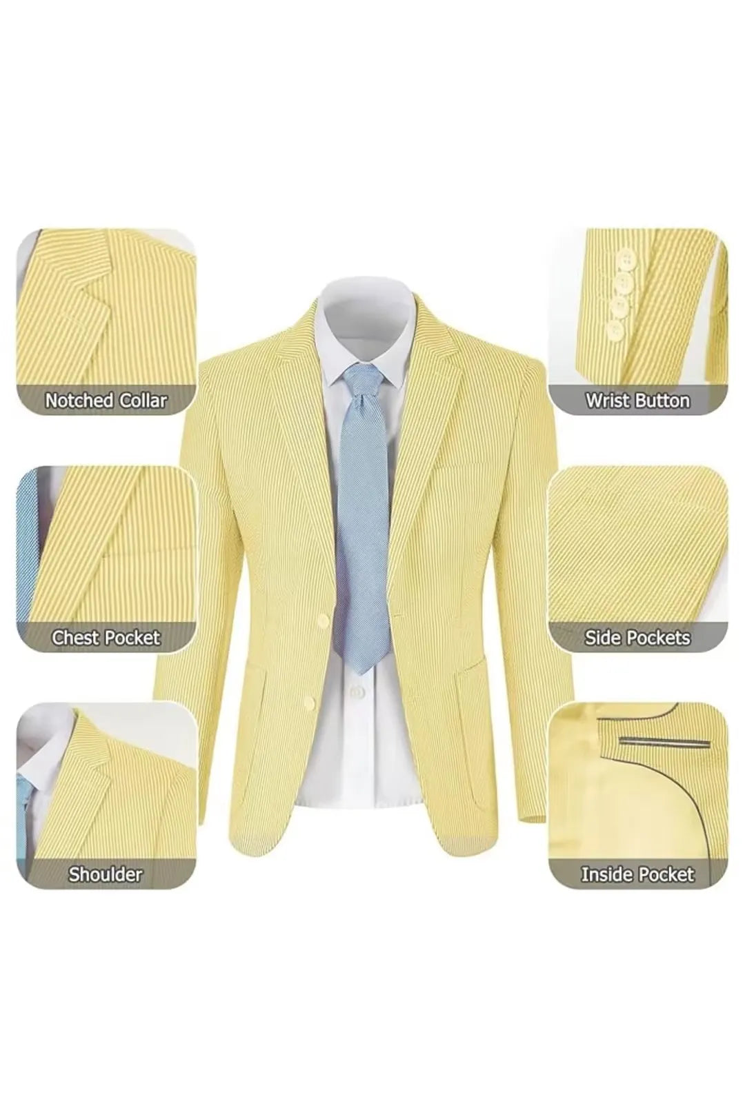 Yellow-and-white seersucker blazer highlighting its pockets, lapels, and breathable texture.