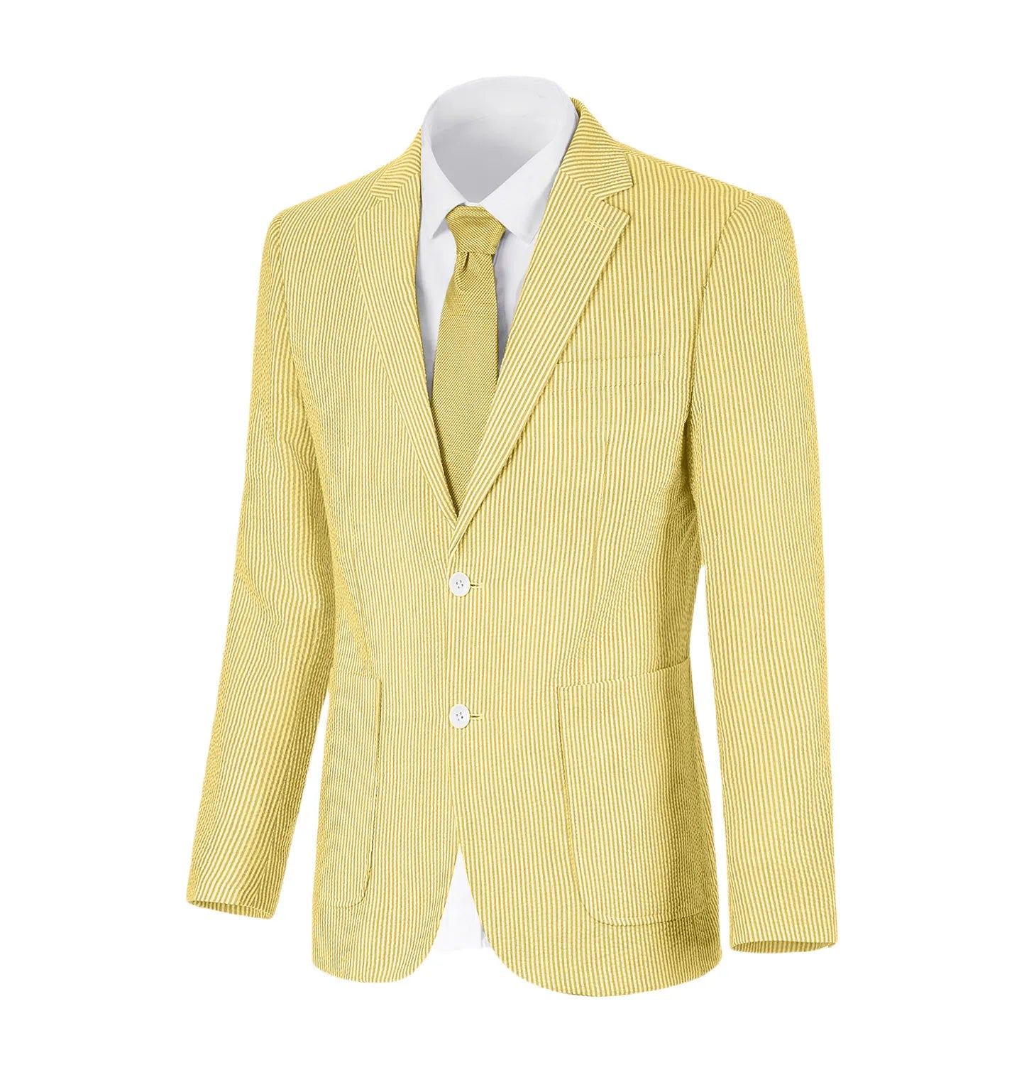 Yellow-and-white striped seersucker blazer in light fabric, perfect for sunny occasions and casual summer events.
