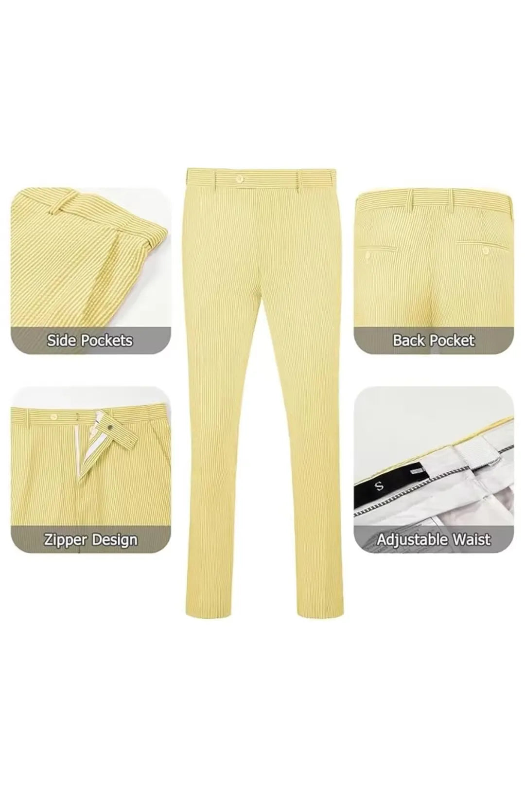 Yellow-and-white striped seersucker pants with adjustable waist and zipper, offering comfort and flexibility.